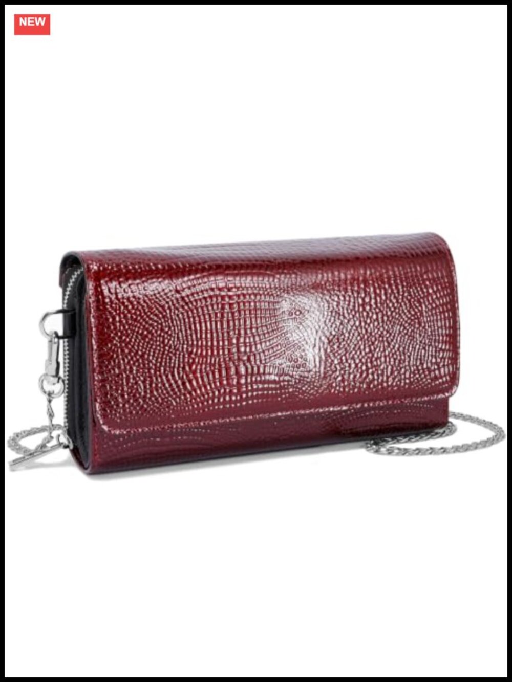 Croc Embossed Genuine Leather Wallet Crossbody Bag with Chain Strap
